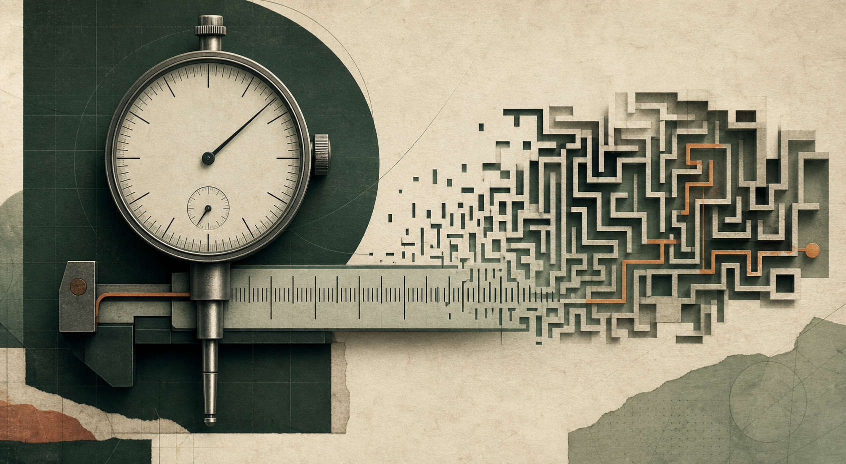 A precision gauge and ruler dissolve into an undocumented maze with one traceable path.