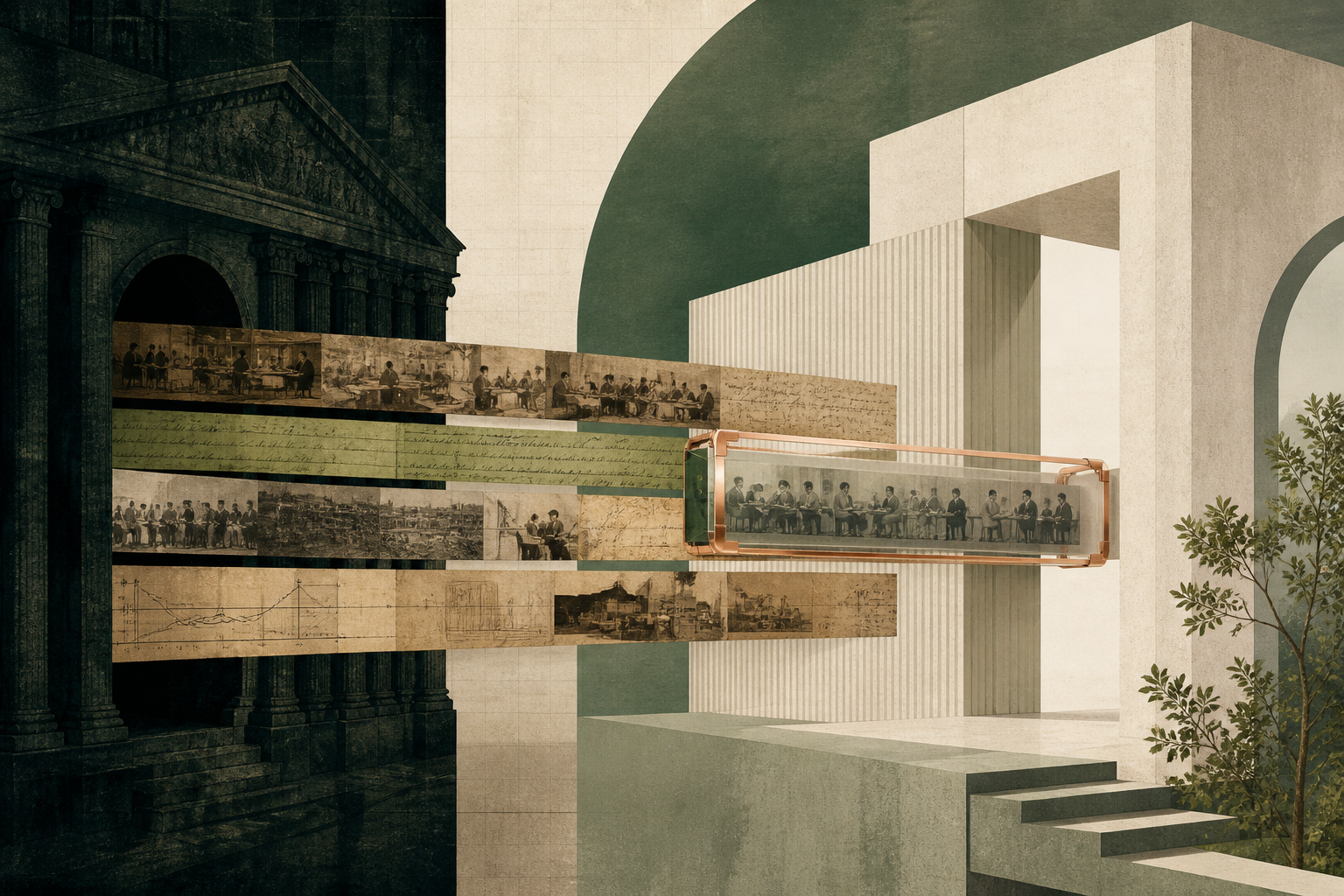 An archival timeline passes intact from an older structure into a clean modern one.