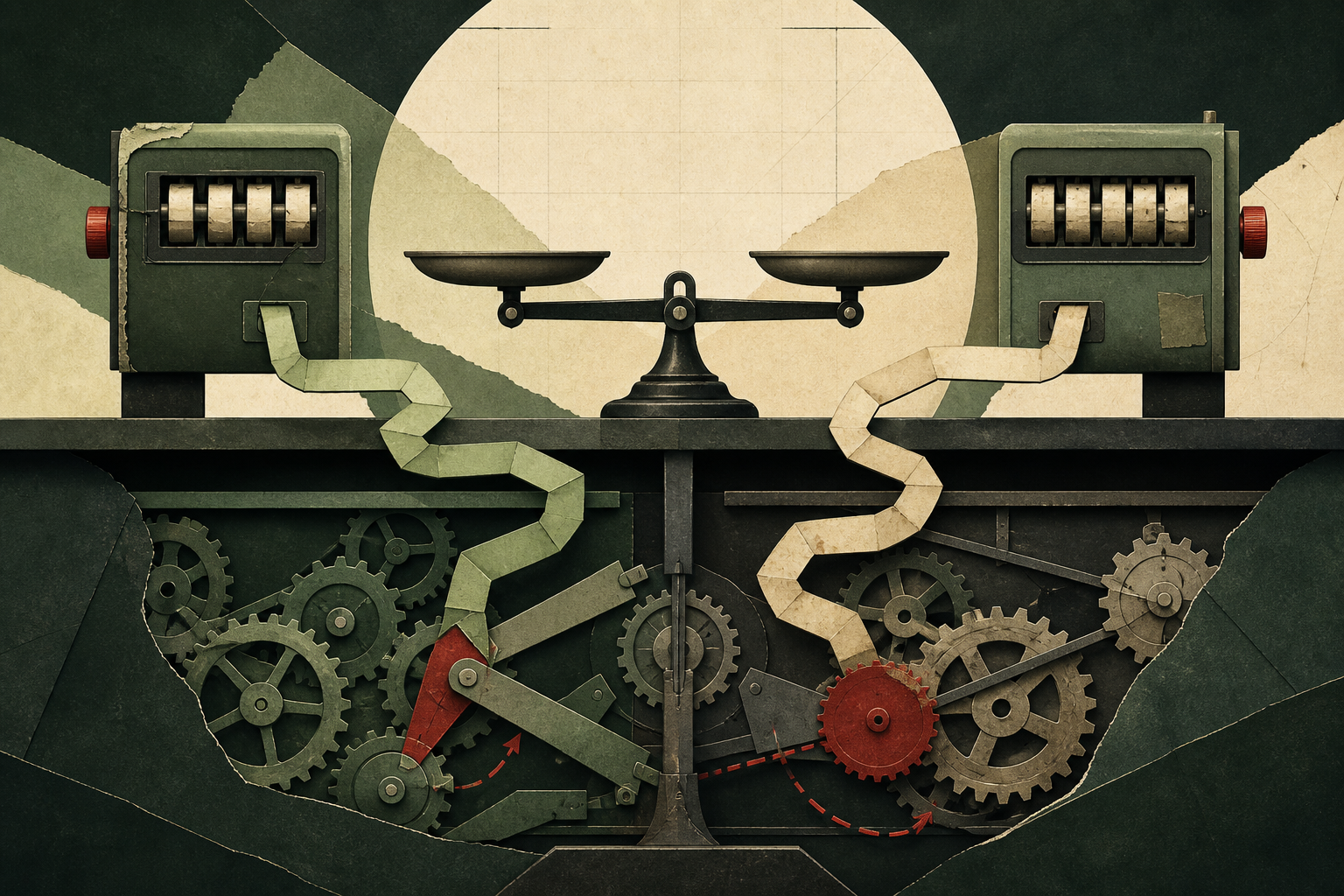 Two imperfect counters appear balanced while offsetting errors are visible in the gears below.