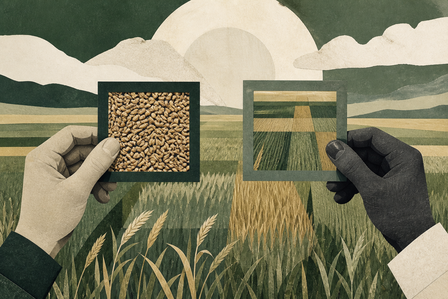 Two hands frame the same field at different levels of detail, from individual grain to larger plots.