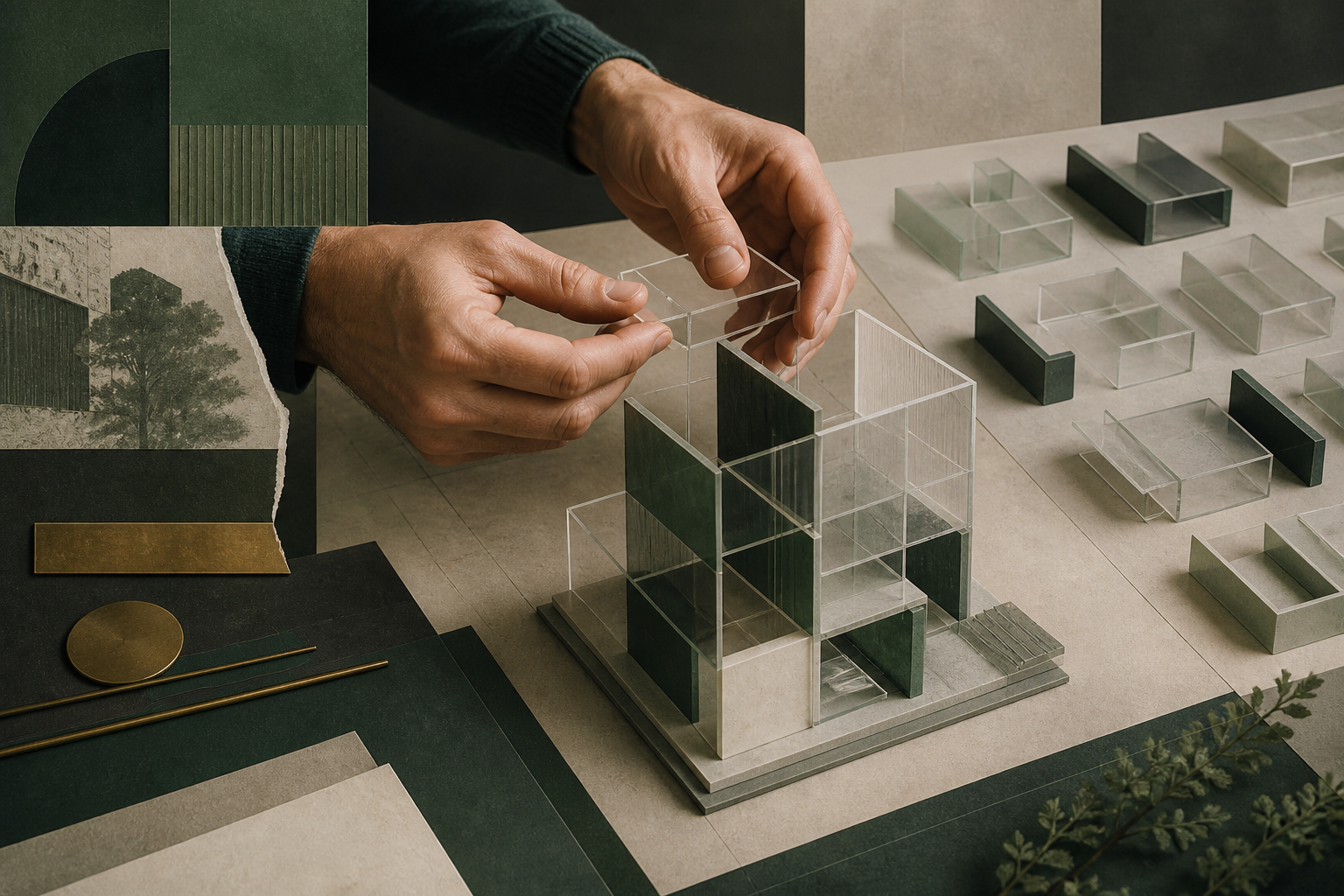 Hands assemble transparent modular pieces into a carefully reviewed structure.